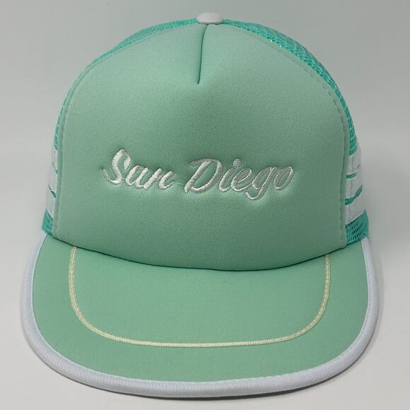 Vintage San Diego 3 Stripe Trucker Hat Cap Green 80s California Mesh Snapback - Picture 9 of 9